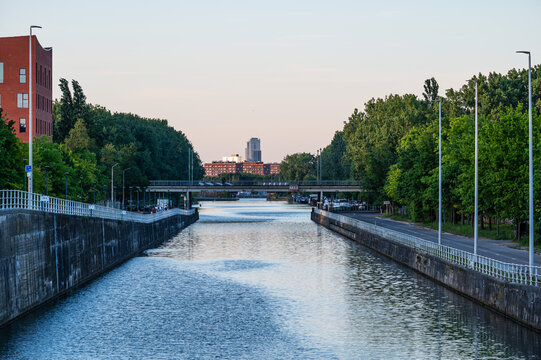 Apartment blocks, houses and bridge at the canal, cityscape view of Anderlecht, Brussels Capital Region, Belgium
