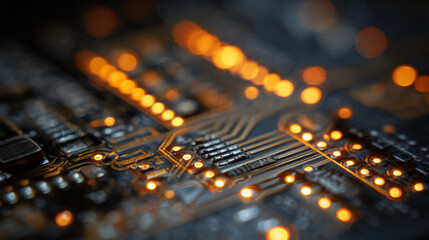 Close up view of a circuit board with glowing orange lights and intricate electronic components seen