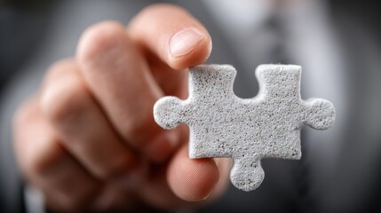 Businessman holding white puzzle piece, concept of teamwork and innovation
