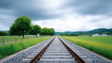 Fototapeta premium Green Field Railroad Tracks Under Cloudy Sky