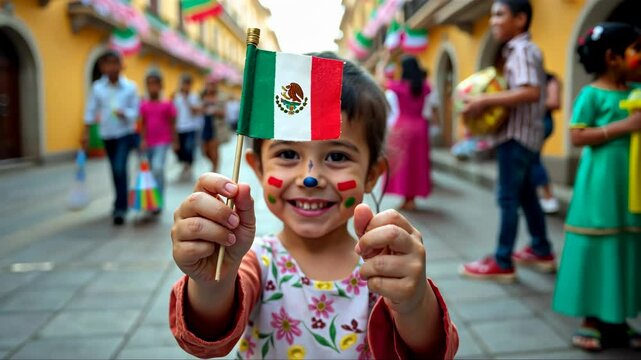 A close-up of a child's hands holding a small Mexican flag, their face painted with traditional designs. The scene is set in a bright street. Cinco de Mayo. Independence Day. Fiesta and festival 