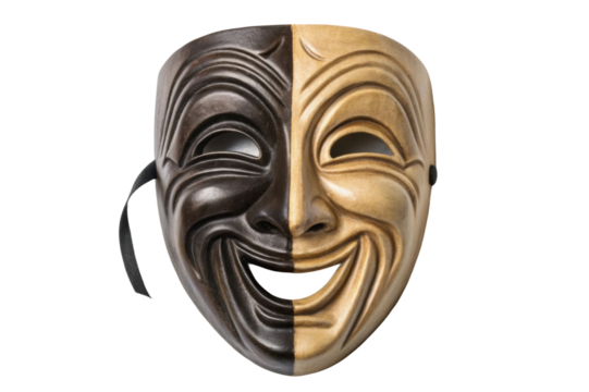 PNG Dual-tone comedy mask: half black, half gold, with expressive features
