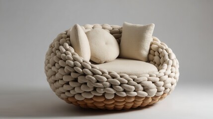 Ultra quality image of modern Woven Sofa: Unique Egg-Shaped Design with Plush Cushions.