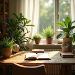 serene workspace open notebooks lush green plants cozy modern desk tranquil environment nature inspired decoration, office, indoor, relaxation, light, writing