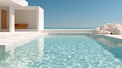 Modern White Architecture Beachfront Infinity Pool Clear Blue Water Sunlight