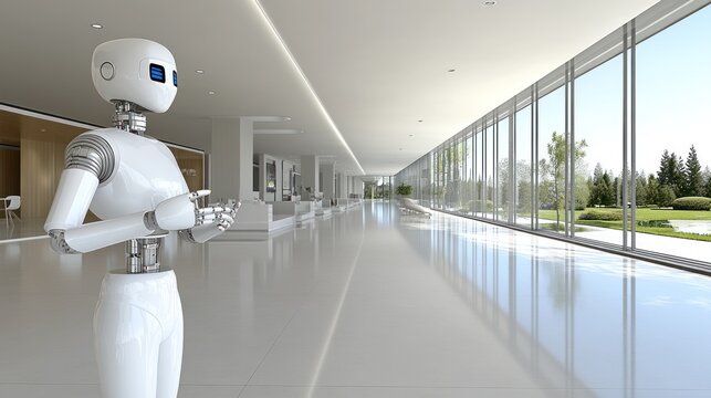 Humanoid robot in modern building hallway with landscape view