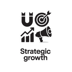 Marketing Strategy Icon Set Vector – Black Silhouettes of Magnet, Target, Chart, and Megaphone