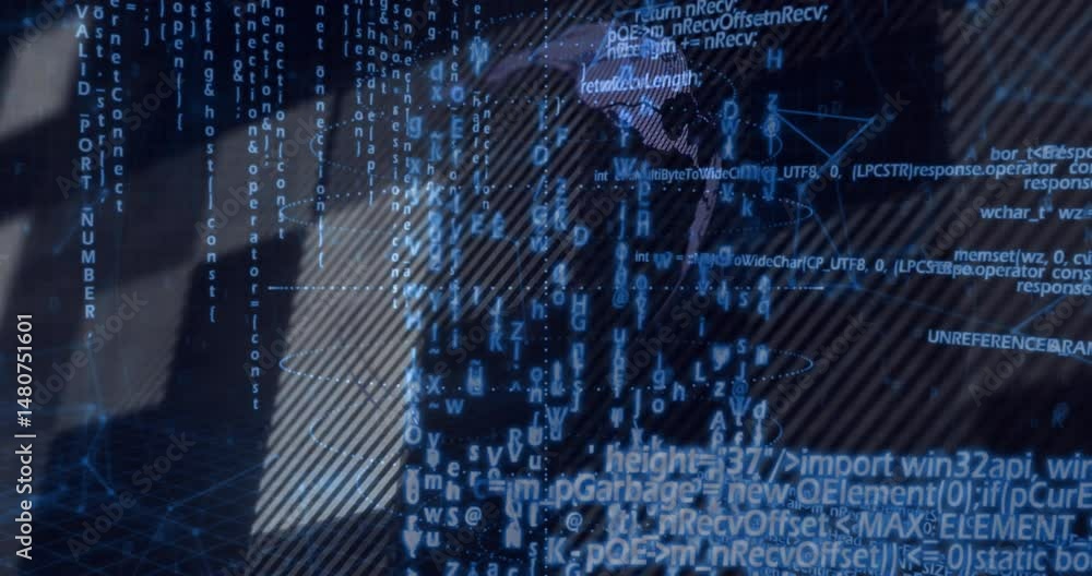 Poster hooded silhouette leaning forward, typing code streams over flat digital grid with node diagrams