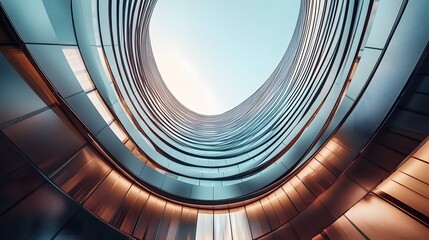 Obraz premium Architectural spiral building viewed from below, a modern design.