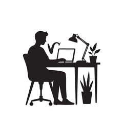 Remote Work Icon Vector – Black Silhouette of Home Office Desk with Laptop and Plant