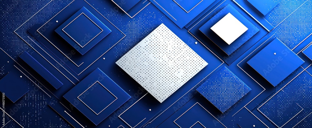 Poster abstract design featuring geometric shapes, primarily squares and diamonds in shades of blue and whi