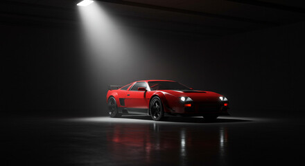 Red Sports Car Under Spotlight in Dark Background Photograph