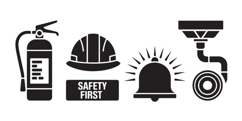 Safety Tools Icon Set Vector – Black Silhouettes of Fire Extinguisher, Helmet, Alarm Bell, Emergency Exit, and Smoke Detector