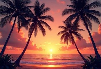 Obraz premium silhouetted palm trees vibrant sunset tropical paradise aesthetic, sky, landscape, island, nature, dusk, view, atmosphere, beauty, scene, tranquility