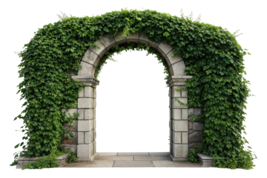 PNG Stone archway covered in lush green vines