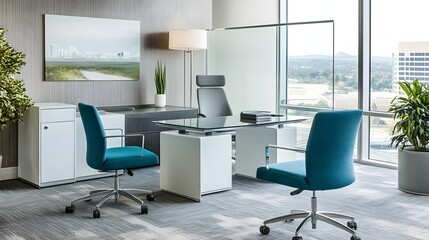 Contemporary office workspace with glass desk and teal chairs.