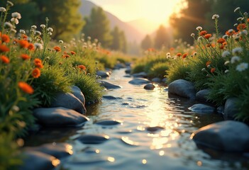 soothing nature scene calming water features serenity tranquility lush landscape reflection rippling water flowing stream greenery, pond, river, meadow