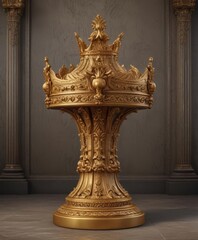 Fototapeta premium Antique pedestal displays a gleaming golden crown; intricate carvings , background, reflection, golden crown