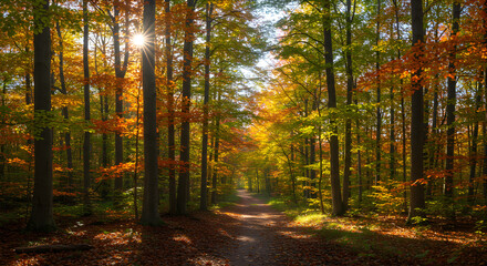 Obraz premium A scenic autumn path through a forest, showcasing vibrant colors of fall foliage and warm sunlight filtering through the trees.