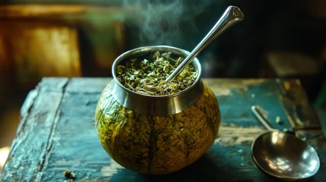 Gourd mate with dried herbs and metal bombilla warm colors and steam traditional south american drink