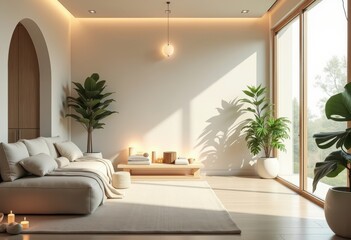 Fototapeta premium soothing relaxation therapy room minimalist calming atmosphere spa ambiance tranquil retreat wellness space, decor, furniture, lighting, comfort, serene