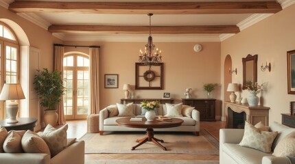 A fine art luxurious provencal-style house interior.  warm, soft light, just after sunrise or before sunset.  the image is with soft contrast, low saturation, and a charming