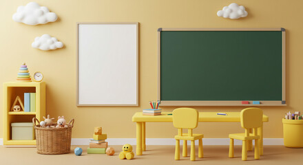 A bright kindergarten classroom with toys chalkboard and yellow furniture in a cheerful setting