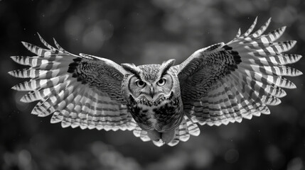 Fototapeta premium An owl flying through the dark forest at night, illuminated by a big moon. The scene is captured in black and white, high contrast photography with sharp focus, no blur or bokeh, showcasing every.