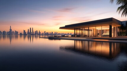 Fototapeta premium Modern Glass House Waterfront with Skyline View reflecting on Water at Sunset