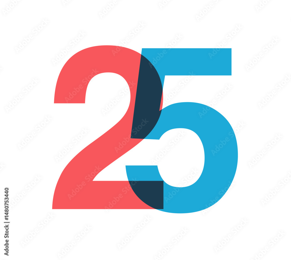 Poster overlapping red and blue 25 digits with transparent effect, evokes modernity, joy, energy. anniversa