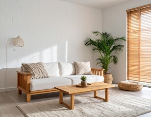 Neutral living room with boucle armchairs, low wooden coffee table, pampas grass in