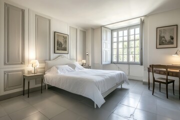 Elegant bedroom with large windows