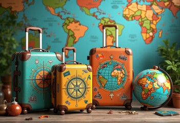 Naklejka premium stylish luggage set various designs travel maps colorful travel gear adventure journey exploration suitcase, backpack, baggage, expedition, road, trip