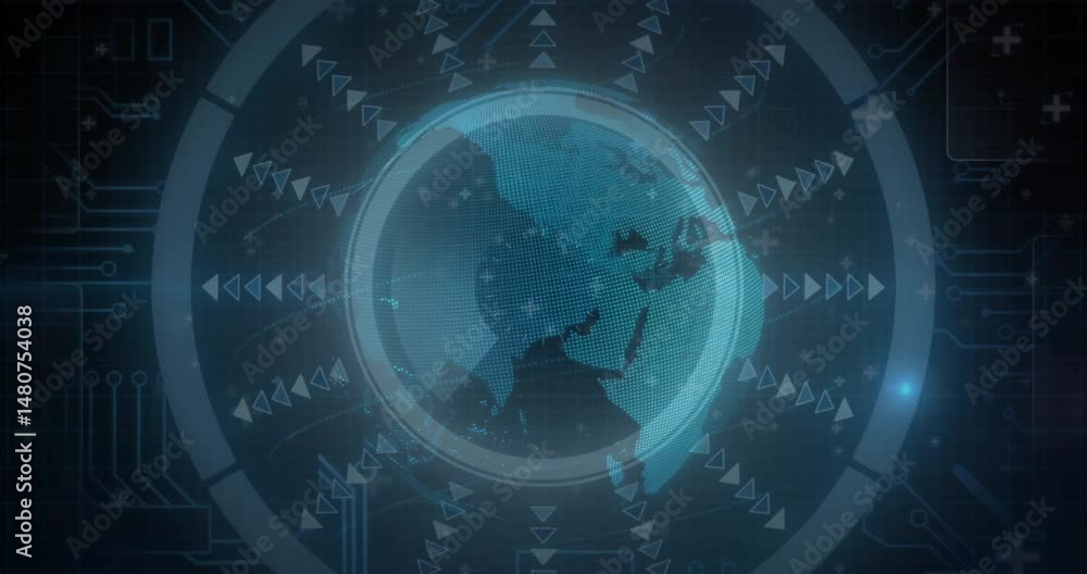 Poster 3d-rendered globe floating in data interface, glowing ring radiating arrows and circuit traces