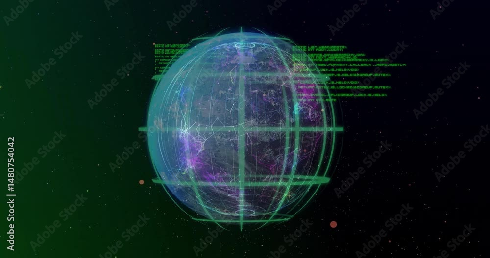 Aufkleber 3D translucent globe floating in space showing green gridlines glowing network nodes code snippets