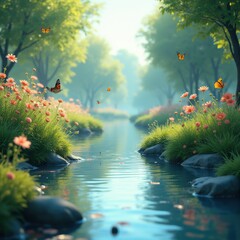 tranquil nature scene flowing water serene stream scenic landscape calm reflection wildlife colors vegetation greenery blissful, leaf, trees, river, bank, flora