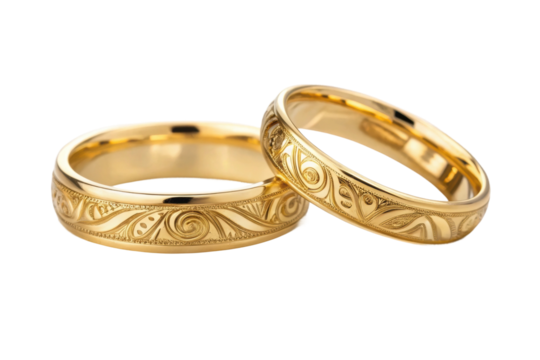 PNG Intricately designed gold wedding rings with engraved patterns