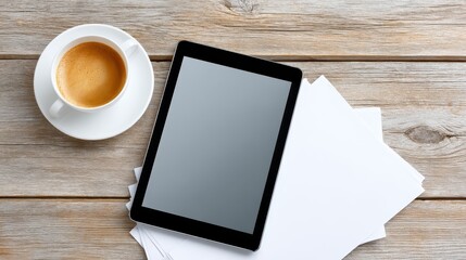 Tablet Coffee and Papers on Rustic Wooden Table