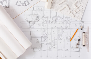Workplace of architect. Engineering tools for creating new architectural project on table, top view