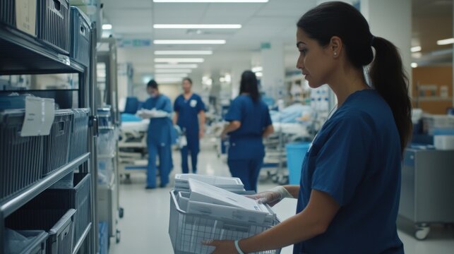 Medical professional carrying documents in hospital corridor
