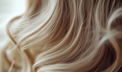 Naklejka premium Close-up view of shiny blonde hair styled in loose waves, exhibiting a healthy sheen and soft texture.