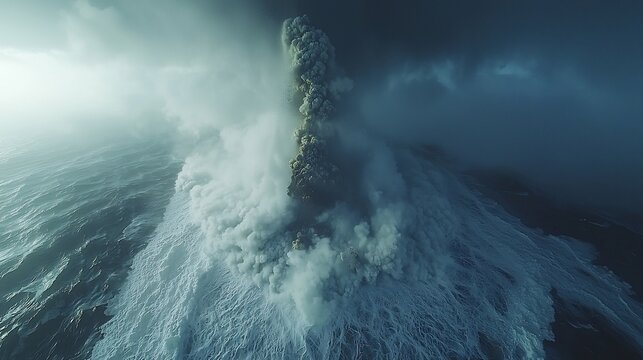 Dramatic drone shot of volcanic ash billowing volcano showcasing intricate pattern texture ash fast shutter speed capture eruption explosive force while polarizing filter reveals ash surface detail