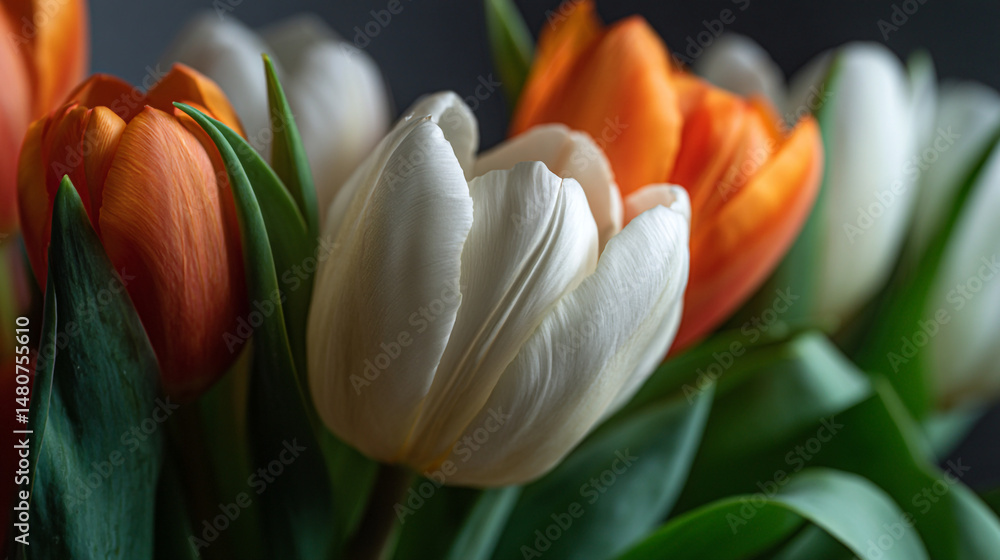 Aufkleber a close up of orange and white tulips with green leaves in a dark setting creating a soft look and f