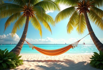 tropical beach hammock relaxing swaying palm trees serenity paradise vacation nature inspiration, ocean, sea, sand, waves, sky, cloud, tide, shore, getaway