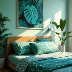 Modern bedroom with green bedding, tropical plants, wooden bed frame and soft daylight. Fresh and serene atmosphere with natural textures and botanical elements