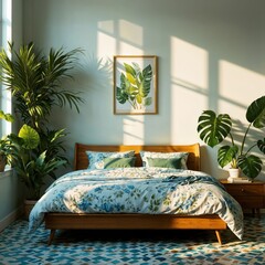 Cozy bedroom with wooden bed frame, botanical bedding, tropical indoor plants and natural morning light. Calm interior with floral patterns and soft shadows on light walls
