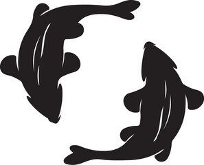 Monochrome silhouette of two fish, top view.
Silhouettes of Two Koi Fish on White Background