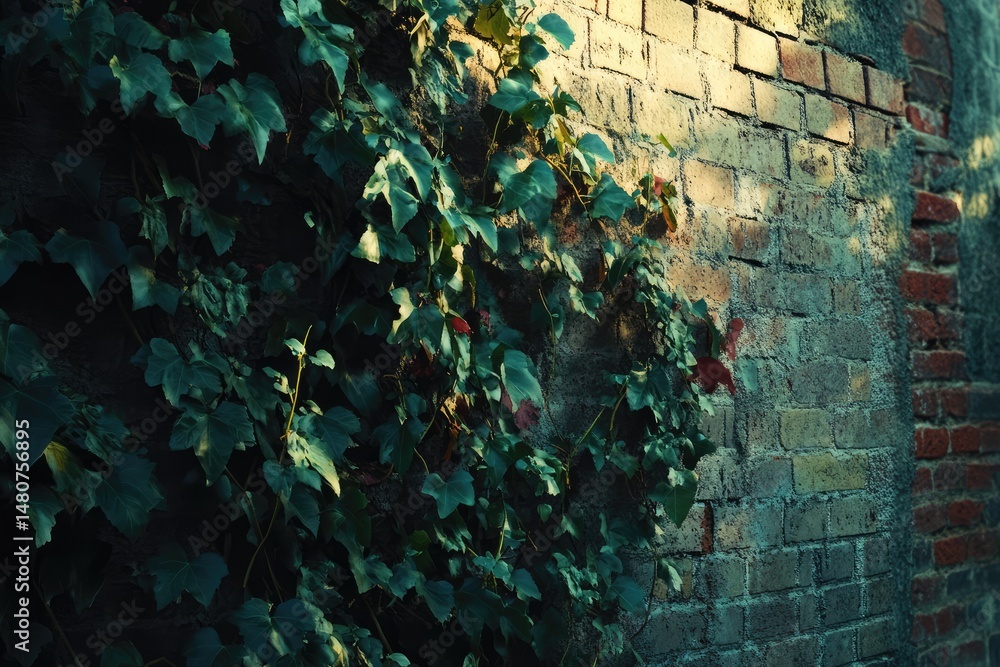 Poster ivy climbs a weathered brick wall, dappled with sunlight and shadow, creating a rustic and charming 