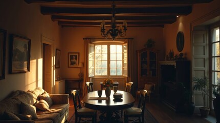 A warm, slightly dark, high-resolution charming provencal house interior.  soft golden light, radiant and luxurious feel. no people present.