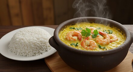 Shrimp Moqueca with White Rice Served in Rustic Clay Pot A Hearty Brazilian Seafood Stew of Shrimp Coconut Milk and Spices